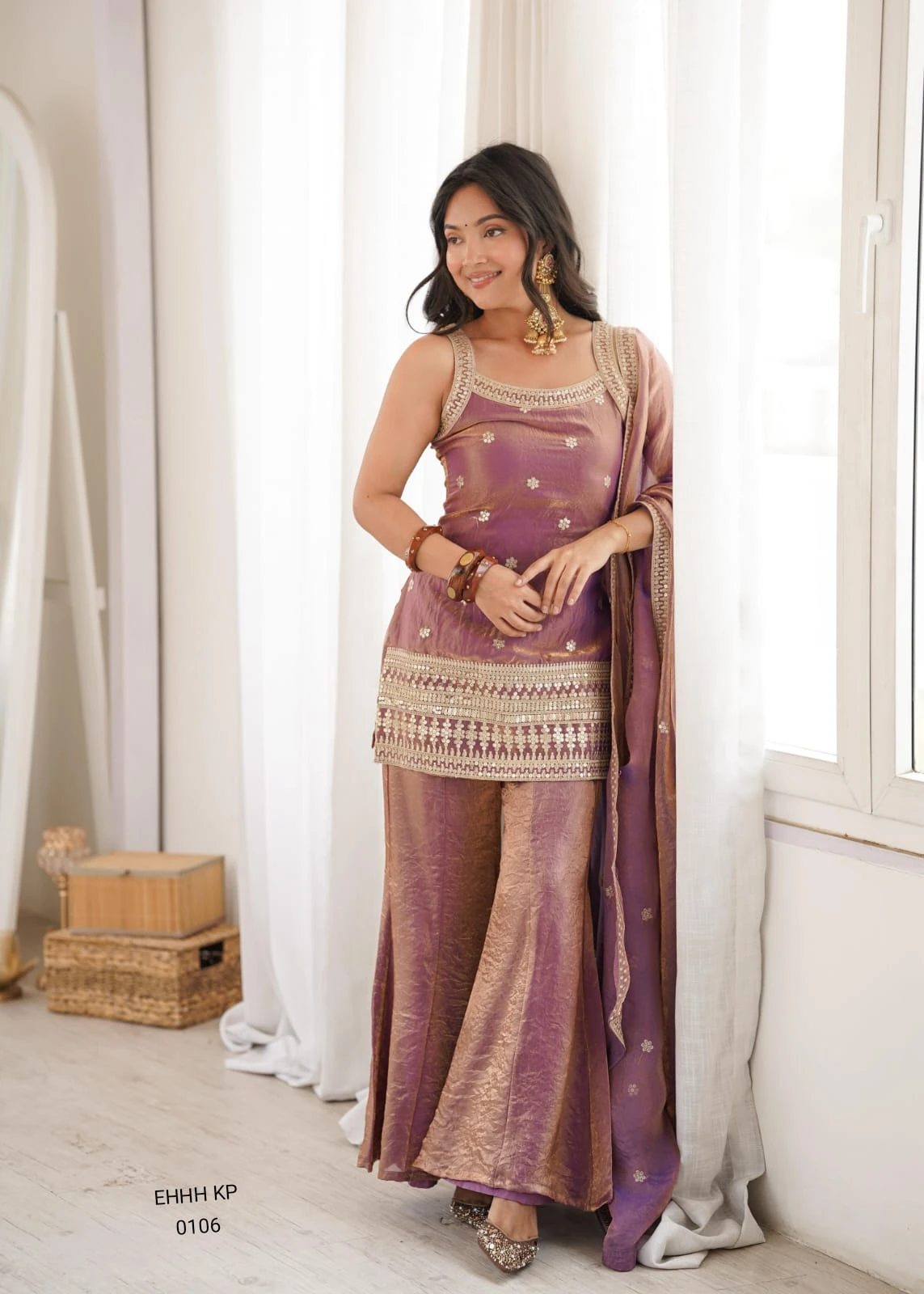 Women’s Silk Sequins, Dori & Zari Embroidered Sharara Set with Dupatta
